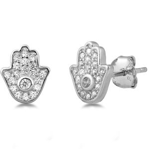 .925 Sterling Silver Clear CZ Hamsa Stud Earrings